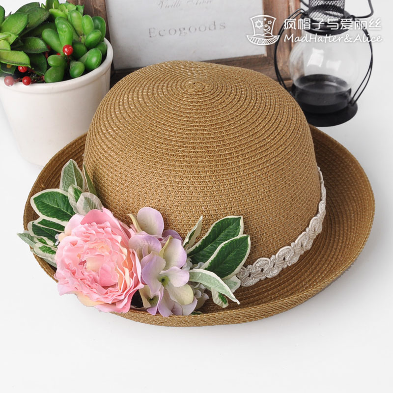 Flower - hat alice flower decoration high quality dome roll-up hem straw hat summer