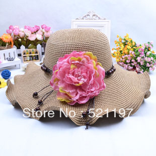 Flower sunbonnet beaded ruffle beach cap straw braid ruffle hem large brim hat female strawhat