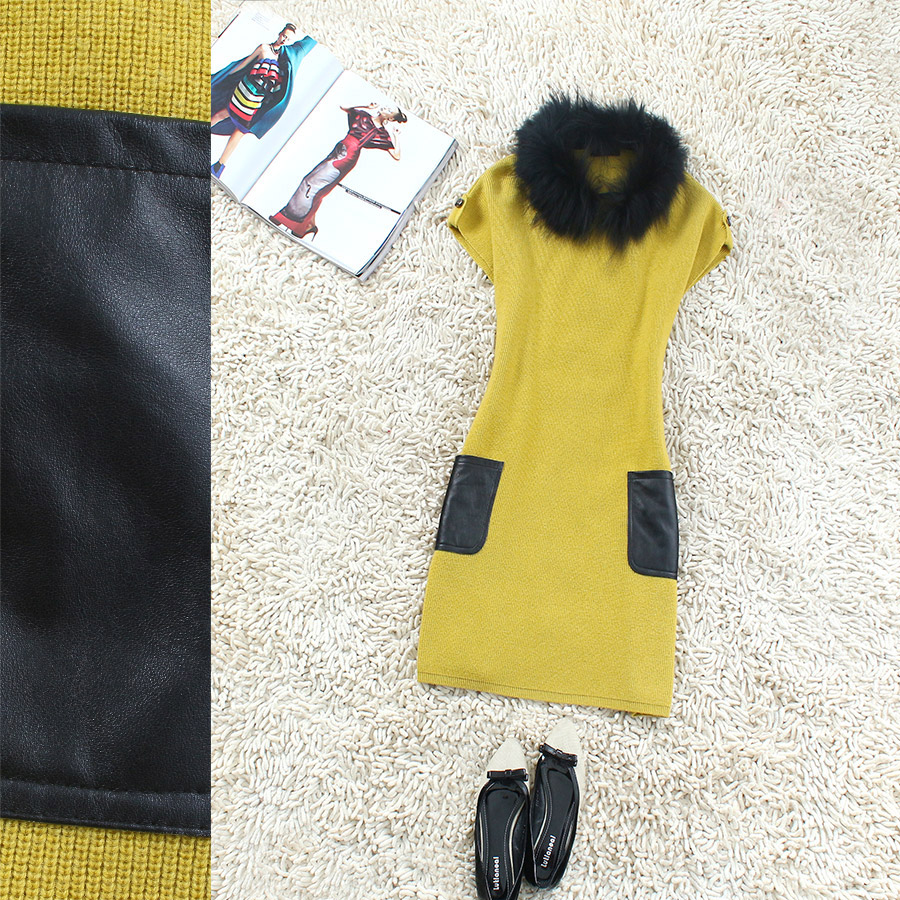 Flowers 2012 autumn and winter the disassemblability fur collar leather pocket vest knit dress 22a1346