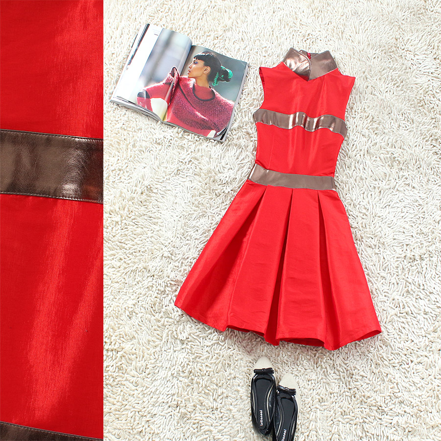 Flowers 2013 spring stand collar color block leather expansion bottom sleeveless one-piece dress 14a1544