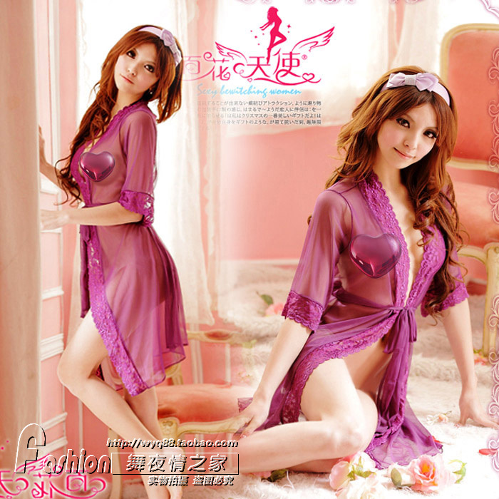 Flowers of perspectivity temptation robe gauze lingerie twinset purple plus size female open front sleepwear