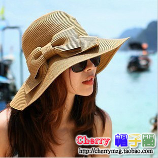 Folding sun-shading large brim hat bow beach cap strawhat sun hat female summer sun hat