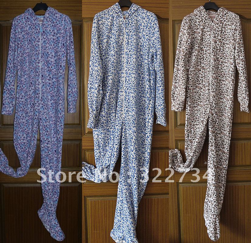 Footed pajamas women male leopard print one piece sleepwear zipper with a hood polar fleece fabric thermal robe leopard print