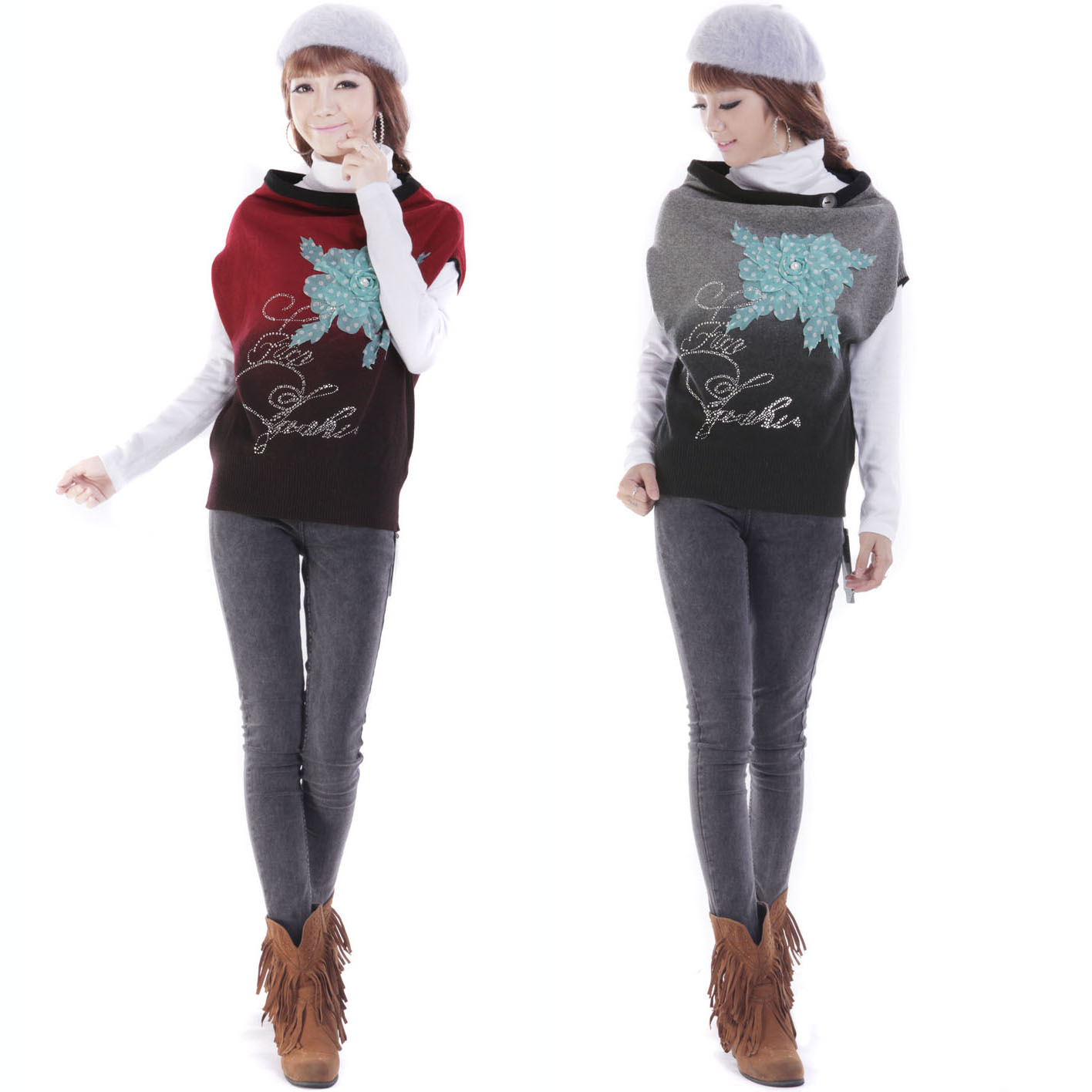 for women 2012 autumn new arrival loose plus size outerwear gradient color rabbit hair slit neckline sweater twinset 1122