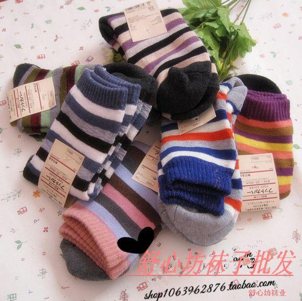 Foreign trade socks winter upset warm terry socks terry socks female wide stripe ladies cotton socks pure cotton