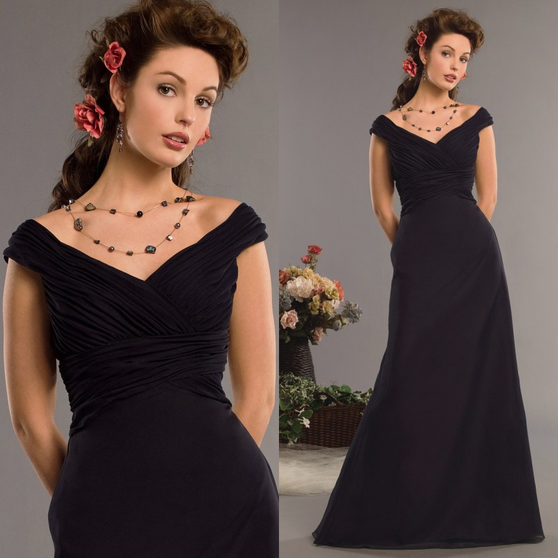 Formal dress double-shoulder V-neck long design formal dress black chiffon evening dress he19