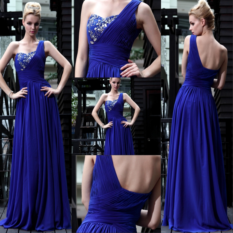 Formal dress evening dress Dark Blue chiffon formal dress one shoulder beading formal dress he150