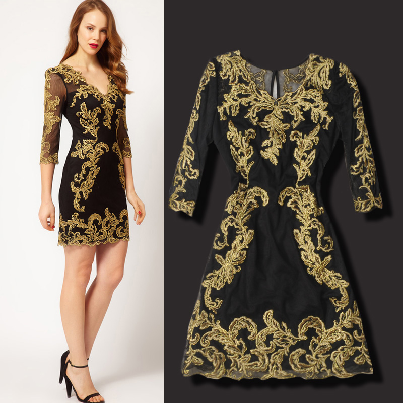 Formal dress one-piece dress gold embroidered elegant vintage quality royal gauze formal dress evening dress