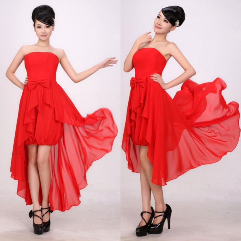 Formal dress red chiffon evening dress tube top low-high formal dress re69