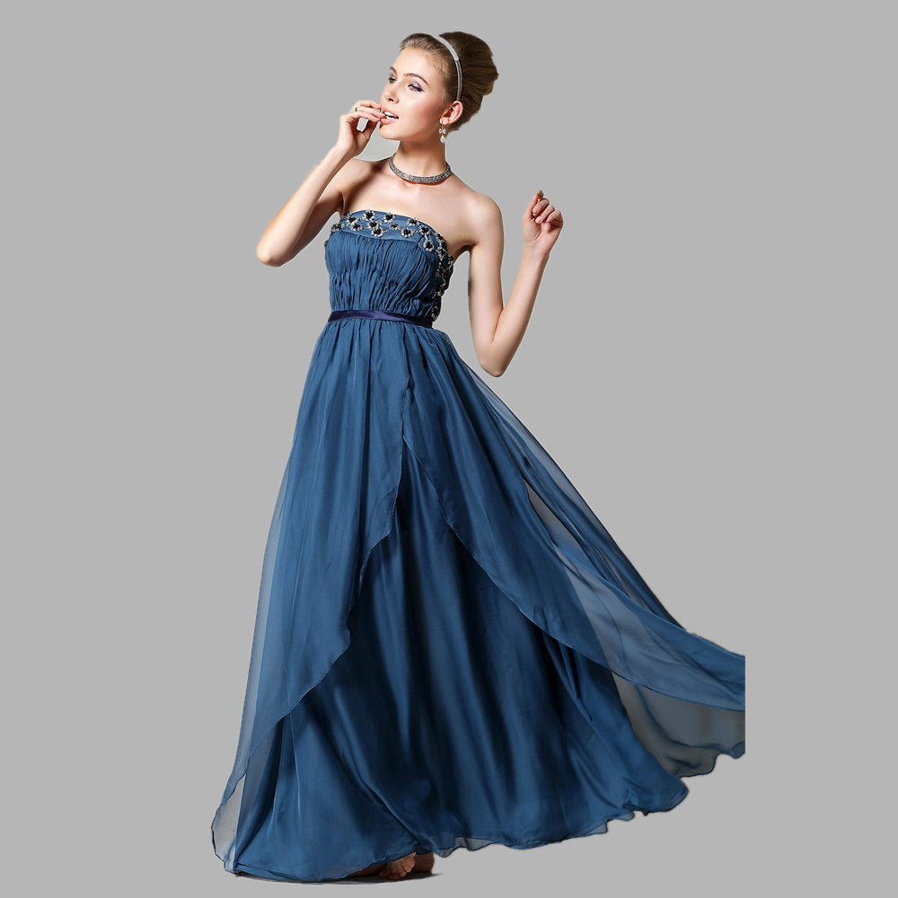 Formal dress tube top beading blue elegant long design married evening dress evening dress