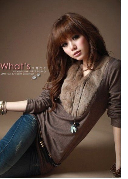 Four Colors 2012 New Autumn and Winter Women Rabbit  Fur Collar Dress Cotton V Neck Long Sleeve Dress