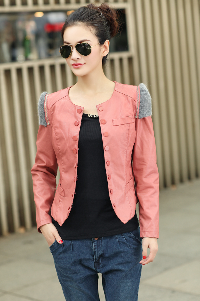 Four Colors 2013 Ladies Korean Round Collar Military Short Faux Leather Washed Jacket  M-L Freeshipping