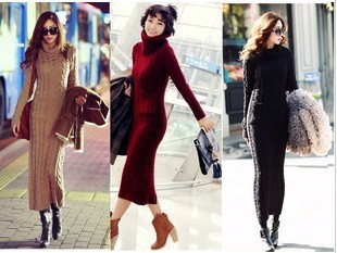 Four Colors Long Sweater Dress 2013 Women Turtle Neck Slim Fit Knited Thicken Dress1 piece/Lot Freeshipping