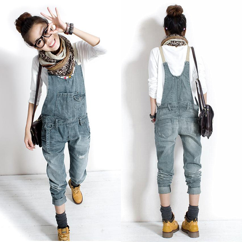 Four seasons women's 2013 distrressed loose casual denim jumpsuit denim frock bib pants jumpsuit