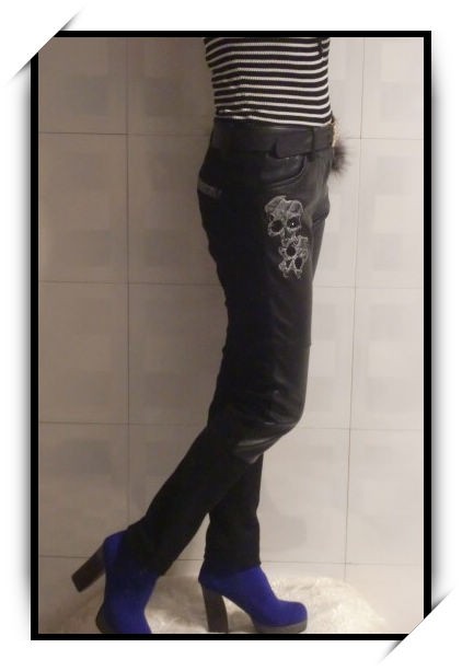 Fox fur , skull decoration water washed leather patchwork 100% cotton casual pants with belt