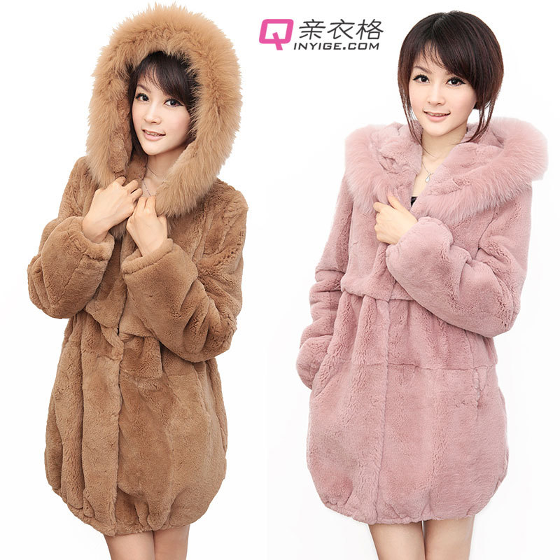 Fox fur tie cap full leather rabbit fur medium-long fur coat overcoat slim with a hood plus size clothing