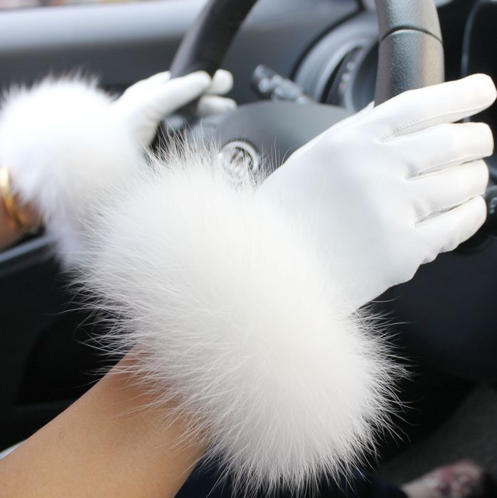 Fox fur ultralarge wool sheepskin gloves women's genuine leather gloves multicolor white