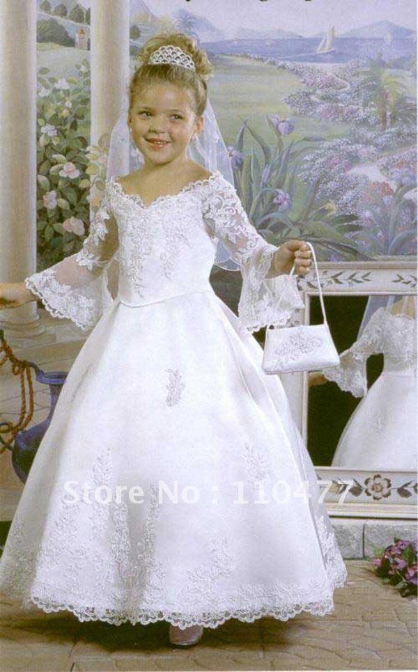 FR094 New Fashion V-neck Lace Puffy White Satin Flower Girl Dress with Sleeve