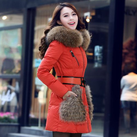 Frank.J 2013 winter luxury raccoon pocket large fur collar slim thickening medium-long down coat women free shipping