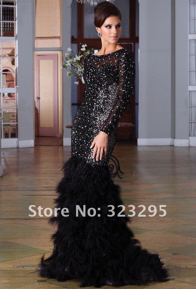 Free Breast Pad 2013 Fashion Black Shiny Feather Mermaid Long Sleeve Sequins Floor-Length Custom-Made Prom Party Evening Dresses