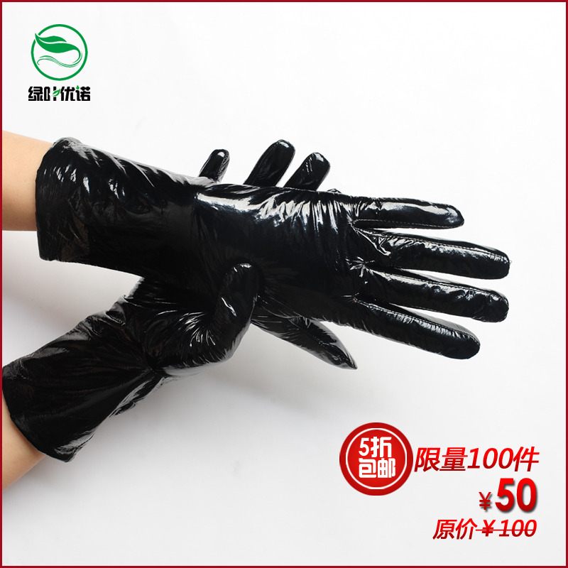 Free delivery Black japanned leather sheepskin lining women's medium-long genuine leather ride driving gloves