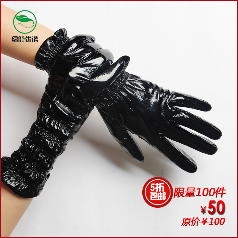 Free delivery Lyyn2013 medium-long spring black japanned leather pleated women's sheepskin gloves