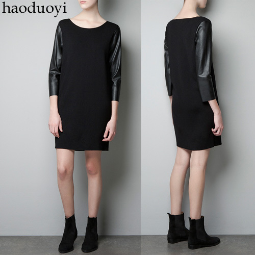 Free delivery Patchwork knitted PU three quarter sleeve autumn and winter one-piece dress faux leather one-piece dress 6 full