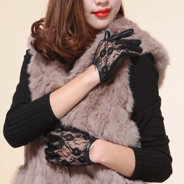 Free delivery Summer women's sunscreen leather gloves sheepskin fashion style sexy lace