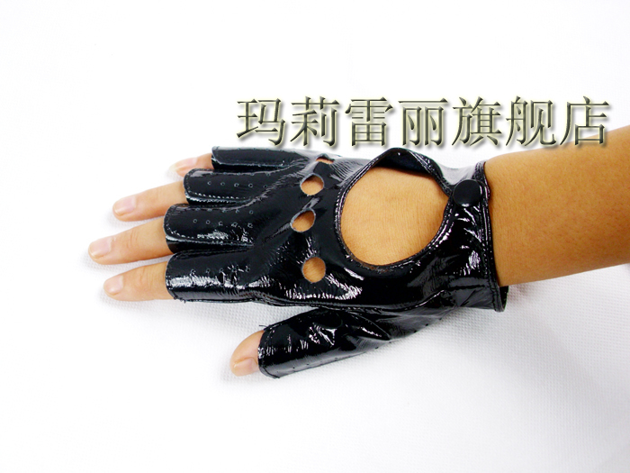 Free delivery Women's japanned leather cutout semi-finger genuine leather gloves