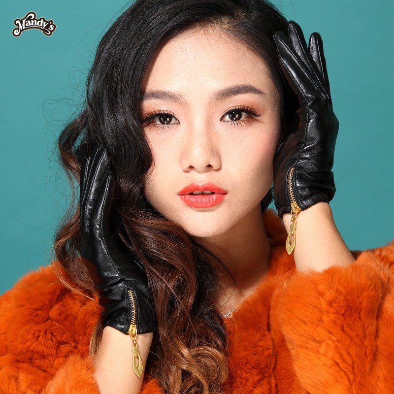 Free delivery Women's leather gloves gentlewomen fashion side zipper female genuine leather sheepskin gloves winter