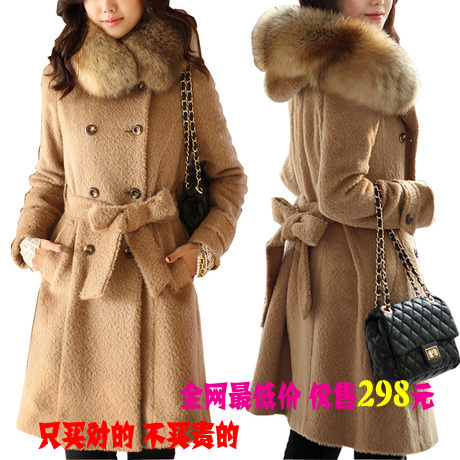 Free delivery Women's noble elegant slim woolen outerwear large raccoon fur wool coat trench 159