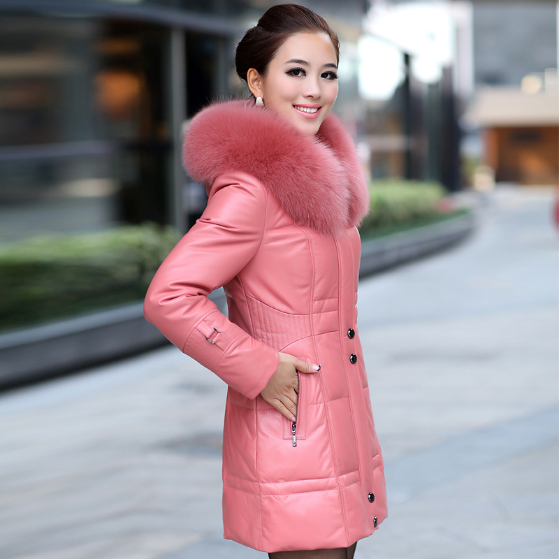 Free DHL shipping,Leather clothing fox fur sheepskin genuine leather down coat female medium-long hooded clothing