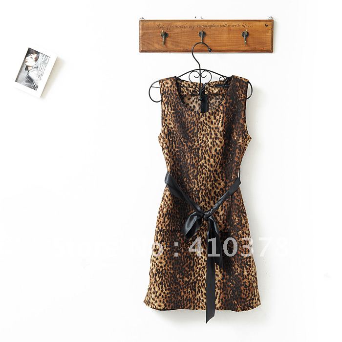Free drop ship women's sexy leopard print sleeveless vest puff skirt with one belt,hot sale new leopard dress with one belt