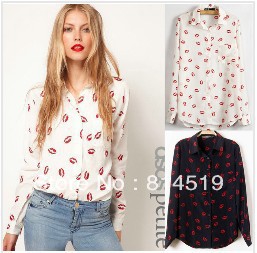 Free/Drop shipping 2013 NEW Style Aso* Brand design Women's red Lip Print Long Sleeve Elegant Casual Shirt Brand Design S M L