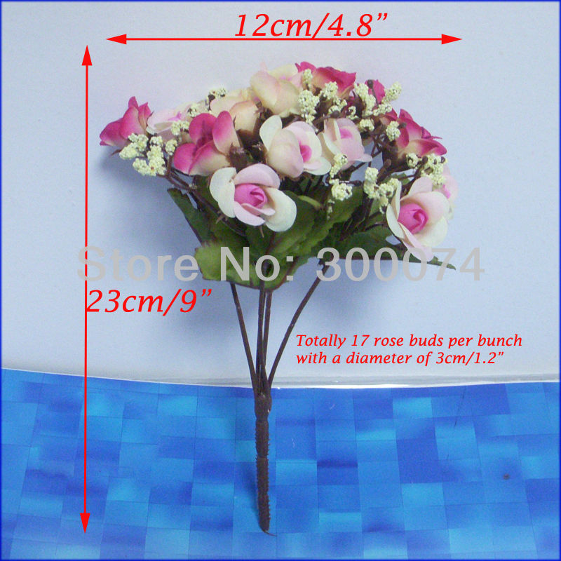 Free EMS & fedex nearly natural artificial flower pink Rose Buds for wedding decoration table, 17heads/stem, 12pcs / lot
