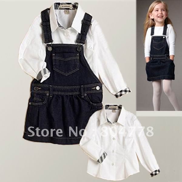 free ems shipping, Wholesale - baby girl's cloth sets bur white blouse shirt+jeans suspender skirt kid's suits