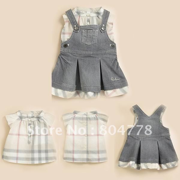 free ems shipping, Wholesale - baby girl's suits bur grid short sleeve blouse shirt+jeans suspender skirt kid's cloth sets