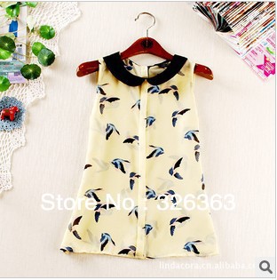 Free & fast shipping 2013 fashion brand quality bird print translucent chiffion blouse women sleeveless vest