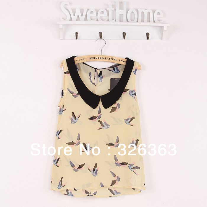 Free & fast shipping 2013 hot sales high quality fashion New bird print chiffion shirt peter pan collar sleeveless  vest
