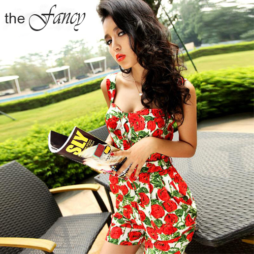 Free Fast Shipping Sexy Jumpsuit ladies dress women slim waist print vintage holiday new style korean fashion summer spring 2013