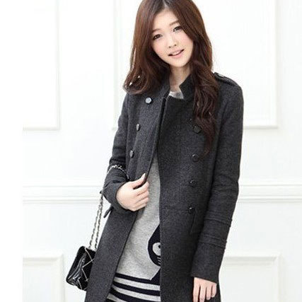 Free Fhipping,New Fashion Women's Slim Wool blends Double-breasted Coat Winter,woolen women  trench coats,Gray/black