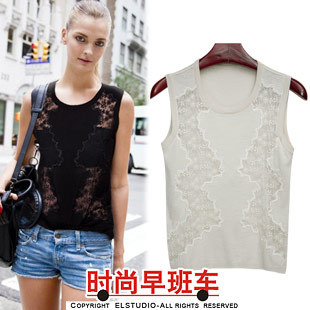 Free International Lace patchwork small perspectivity of embroidery slim pullover short design sweater te1440