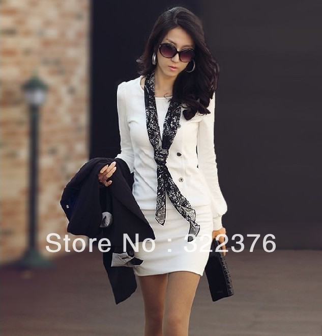 Free Korean version of the Spring and Autumn OL fashion Slim round neck solid color dress