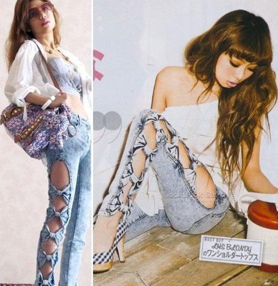 Free LJ-099 Wholesale Classical Vintage Detailed Woman Side Bow Cutout Ripped Denim Sexy Jeans Jeggings Trousers