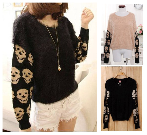 Free mshipping Korean style 2012 Sweet vintage skull batwing sleeve patchwork hippocampus wool all-match sweaters 2 colors F
