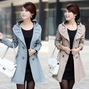 Free New arrival autumn 2012 hot-selling slim double breasted hooded trench outerwear women's S,M,L,XL,XXL