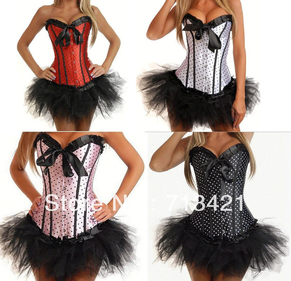 Free P&P Sexy women corset+G String+Mini Tutu Sets,Sexy Shaper for women, Push Up Fringe Falbala Bustier,Bowknot Dots Corset