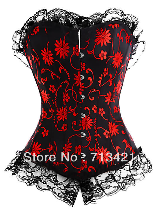 Free P&P Sexy Women Corset+G String Set.Frigne Moulin Rouge Corset, Lace Up Boned Bustier,Push Up Flower Printing Corset