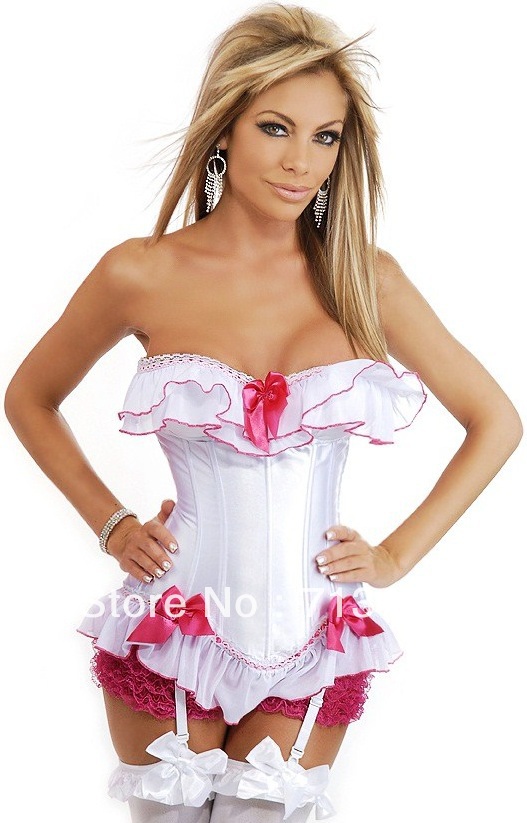Free P&P Sexy Women Corset+G String Set.Moulin Rouge Corset,Push Up Corset.White  Tops Bra Lace Up Bodysuit XXL