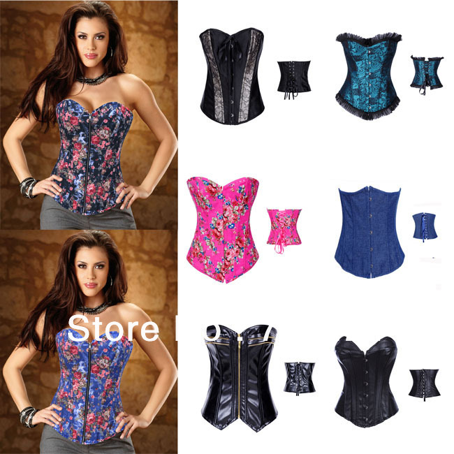 Free P&P sexy women corsets+Sets ,Sexy shaper for women,Hot printing corset Overbust Zipper Leather Top,Satin Underbust Bodysuit